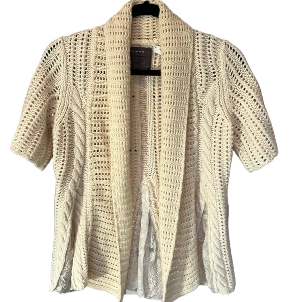 Anthropologie Guinevere Open Front Lace Insert Wool Cashmere Cardigan Ivory